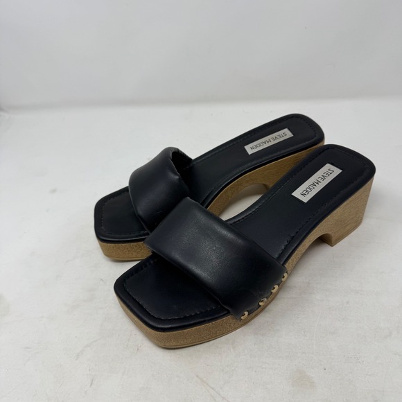 Steve Madden Black Leather Padded Square Toe Platform Slide Sandals Size 8 - Picture 12 of 12